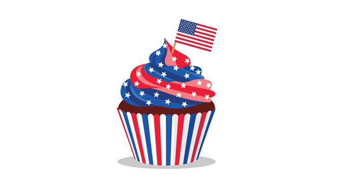 Celebratory patriotic cupcake decorated with american flag and red white blue swirl frosting