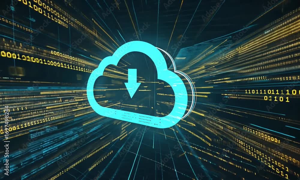 Poster a digital cloud with a download arrow on a background of binary code and light streaks effect