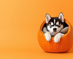 Cute little puppy sitting in a pumpkin basket on an orange background with space for text