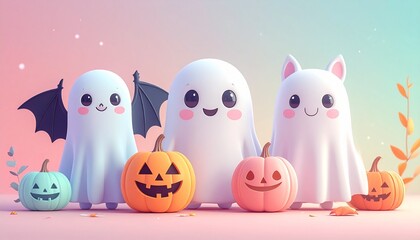 Obraz premium Generated image かわいいおばけとコウモリとかぼちゃのイラスト 楽しいハロウィン