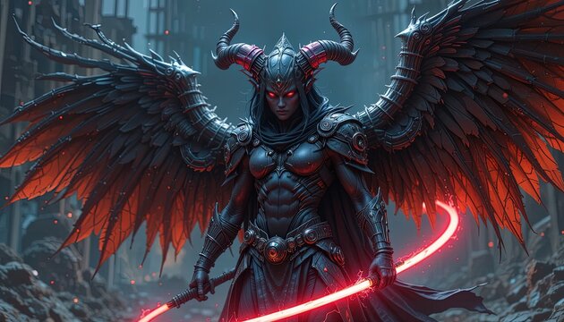 A formidable figure, dark and powerful, wields a glowing red blade, adorned in dark armor and impressive wings. - Powered by Adobe