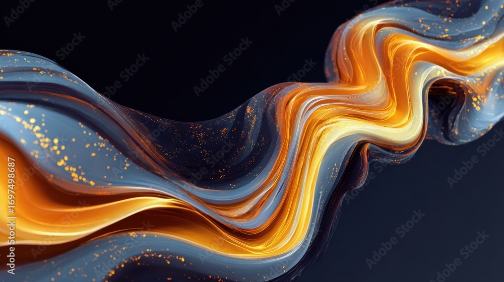 Poster flowing abstract wave with metallic sparkles and vibrant colors in a mesmerizing swirl on a dark bac