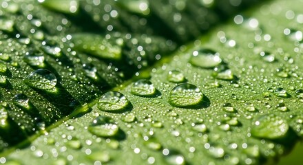 Lush green leaf adorned with glistening water droplets after rainfall