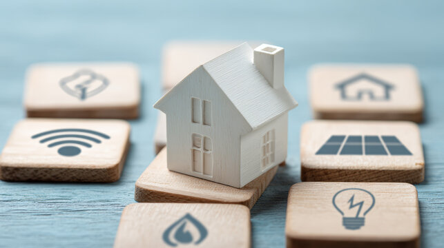 Smart home technology concept, white house model on wooden blocks with icons for energy, water, internet, security, and solar power