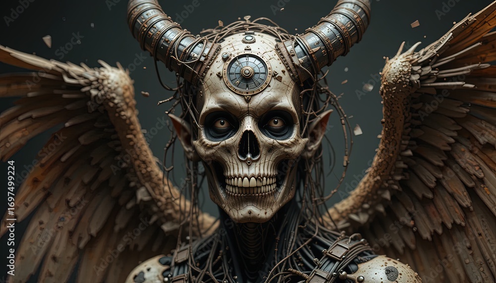 Poster a detailed digital rendering of a figure with wings and steampunk elements, showcasing a skull-like 
