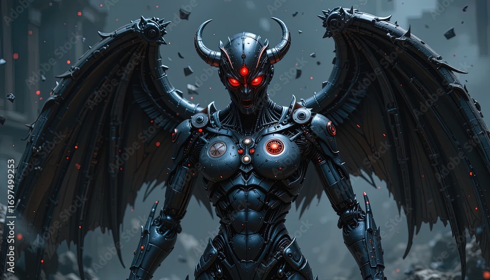 Aufkleber a formidable, mechanized entity with large, dark wings commands a ruined cityscape.