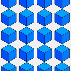 Fototapeta premium A seamless pattern of 3D blue cubes on a light grey background. The isometric design is simple, modern, and minimalist.