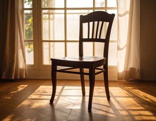 Wooden chair bathed in sunlight through a window