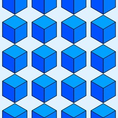 Fototapeta premium A seamless pattern of 3D blue cubes on a very light blue background. The isometric design is simple, modern, and minimalist.