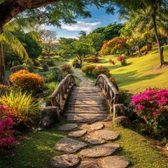 A scenic wooden bridge traverses a gentle stream in a lush garden with colorful flowers and verdant grass under a bright, partly cloudy sky