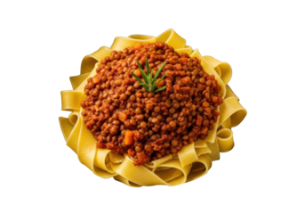 Hearty vegan lentil ragu, reddish-brown, textured, over golden pappardelle in a rustic ceramic bowl with rosemary, isolated on transparent, concept of wholesome vegan gastronomy