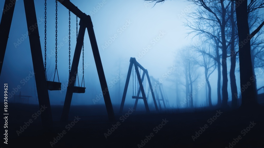 Aufkleber eerie playground scene at dusk with empty swings swaying gently in a foggy forest setting