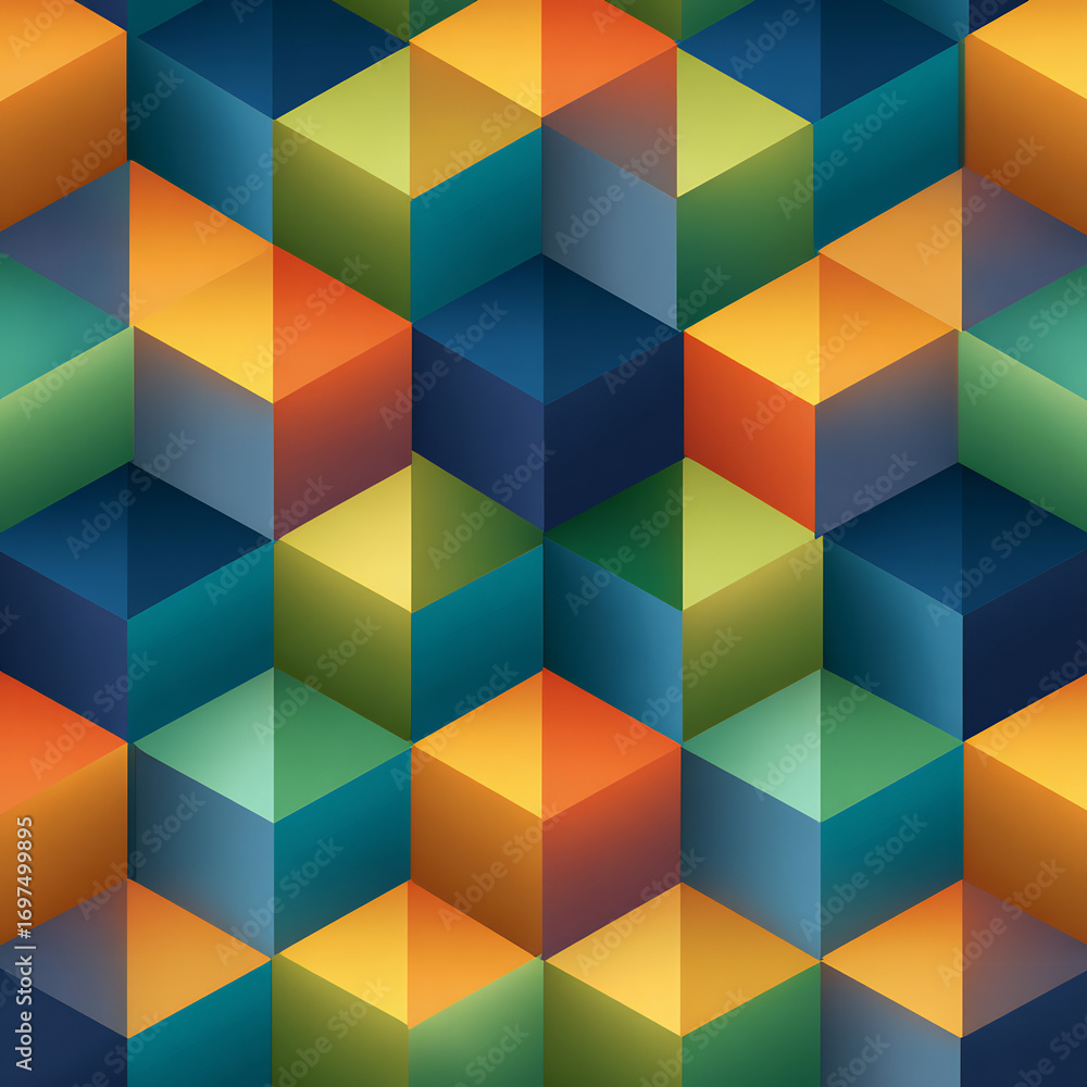 Poster abstract geometric seamless pattern of colorful 3d isometric cubes and hexagons