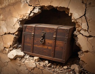 Wooden chest hidden in a cracked wall