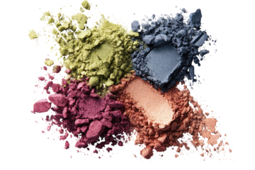 A chaotic burst of colorful face powder, showcasing various shades of  muted, earthy tones