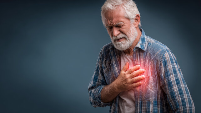 Elderly man gray hair beard plaid shirt chest pain heart attack health issue pain expression blue background