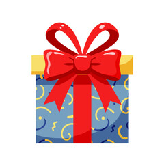 A blue gift box with a red ribbon and bow, decorated with yellow swirls and confetti.