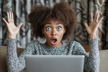 Worried and shocked young African American woman sitting on the sofa at home, holding a laptop, looking at the camera in surprise, and spreading her arms in disbelief, Generative AI