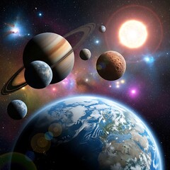 Planetary alignment featuring earth with cosmic celestial background