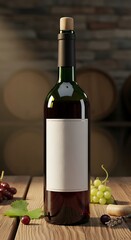 Premium red wine bottle mockup on rustic wooden table with grape accents