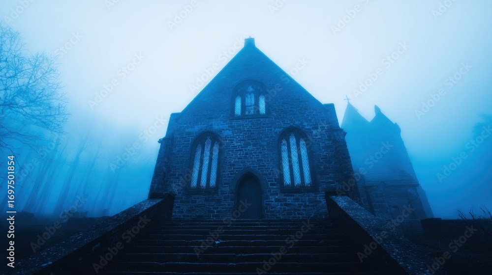 Poster mysterious gothic church surrounded by fog in a dark forest, evoking a sense of intrigue and isolati