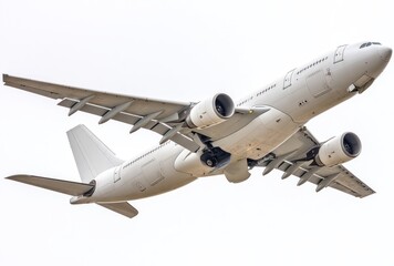 Obraz premium A large, blank, passenger jet ascends at an angle against a bright, cloudless, white sky. Seen from below, in detail and natural lighting
