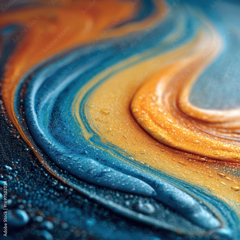Poster abstract fluid art composition with orange and blue swirls on glossy surface capturing dynamic movem
