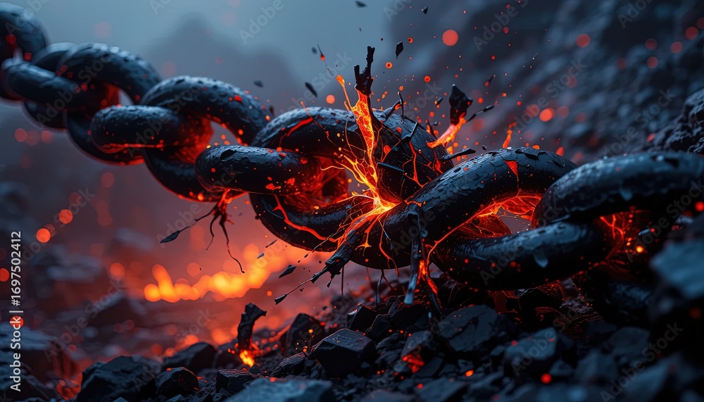 Aufkleber a chain link breaks apart in a fiery display of molten lava, showcasing the destruction of constrain