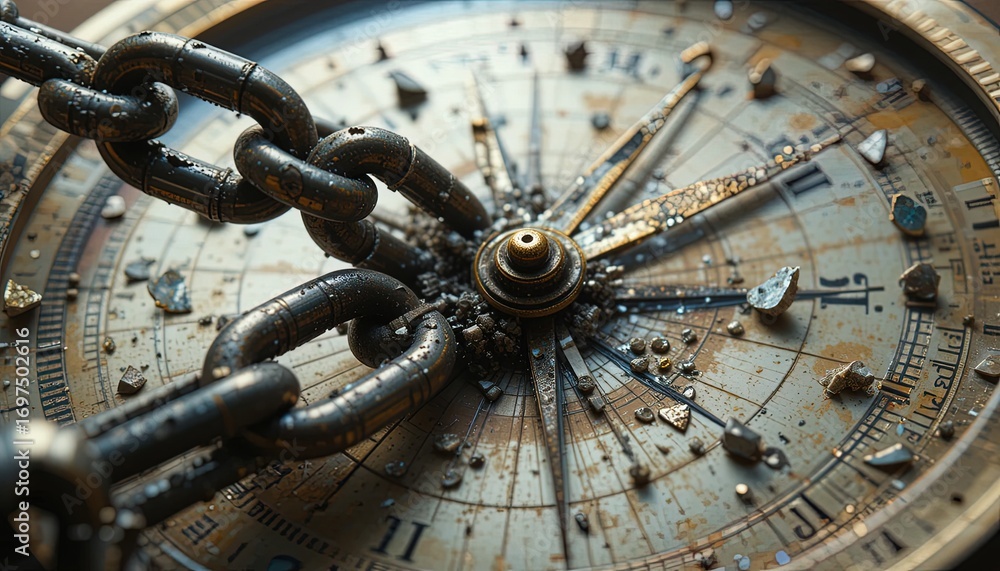 Poster a detailed close-up view of an antique compass, intricately designed with a chain draped across its 