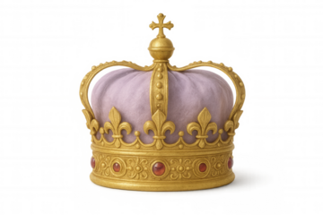 Royal golden crown featuring purple velvet, adorned with fleur-de-lis emblems and crimson gemstones, symbolizing regal authority against transparent backdrop