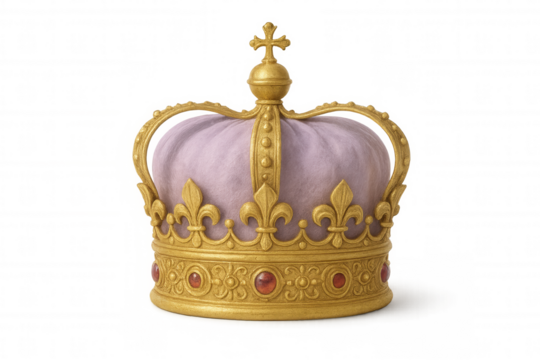 Royal golden crown featuring purple velvet, adorned with fleur-de-lis emblems and crimson gemstones, symbolizing regal authority against transparent backdrop