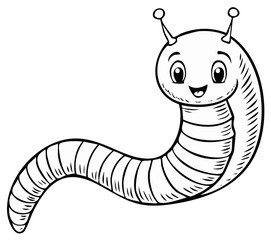 Fototapeta premium Smiling cartoon worm character illustration, black and white line art.