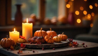 Serene Autumn Evening Candlelight, Rustic Decor, and Warm Tones Create a Cozy and Inviting Atmosphere Perfect for Fall, Thanksgiving, and Christmas Imagery