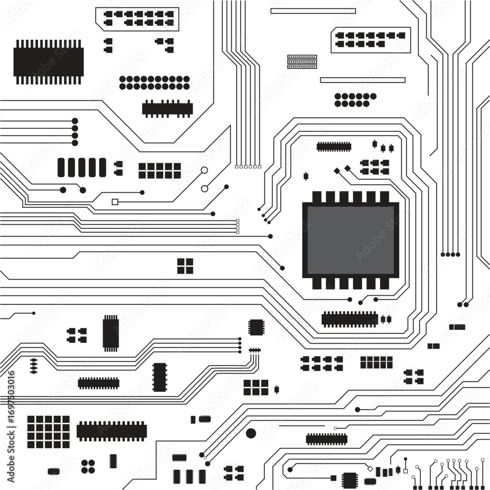 Poster printed circuit board with computer chips and digital tech
