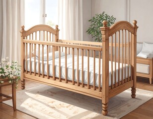 Wooden crib in a sunlit nursery