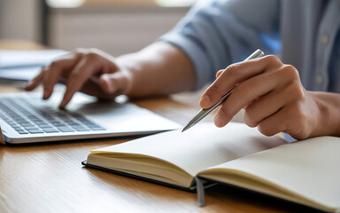 Close-up of hands typing on a laptop and writing in a notebook with a pen