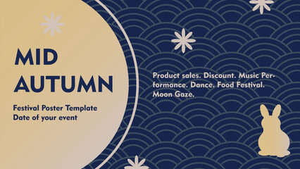 Mid Autumn seasonal promotion poster and advertising templates. with moon circle, rabbit and wave pattern background. For event, festival, sale, store discount and greetings © Miratusalimah