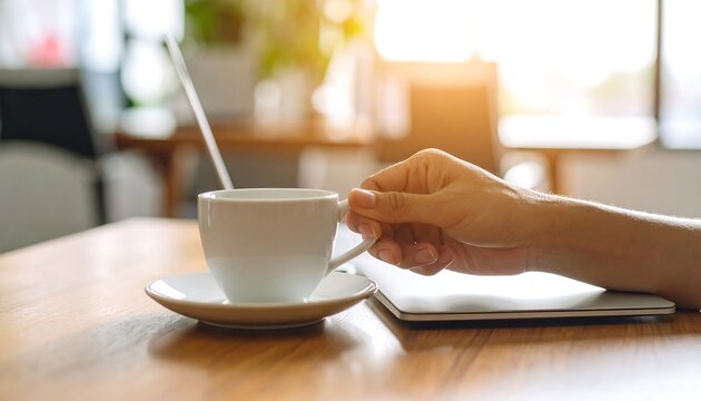 Hand holding coffee cup at a cafe table - Powered by Adobe
