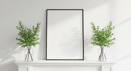 Minimalist Black Frame Mockup with Greenery on White Mantelpiece, Soft Shadows