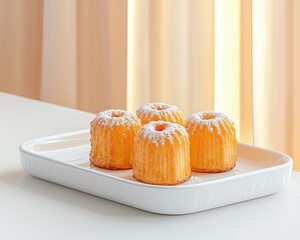 French Canele with Warm Cafe Background arranged on white ceramic tray, filtered light through cafe curtain adding soft elegance