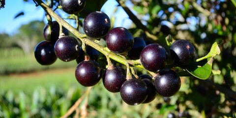A cluster of ripe jabuticaba fruit growing on a tree branch under natural sunlight, ready to harvest.