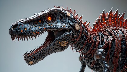 A mechanical tyrannosaurus rex, intricately crafted from gears and glowing components, presents a striking futuristic design against a muted backdrop.