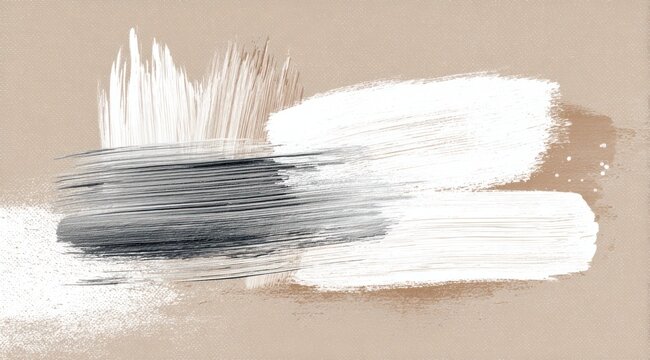 Textured abstract art overlapping white, gray, and beige brushstrokes on a tan background; painterly