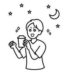 カフェインで眠気を覚ます当直中の医師のイラスト　線画のみ