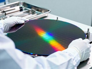 Engineer in a cleanroom suit carefully holding a silicon wafer for semiconductor manufacturing