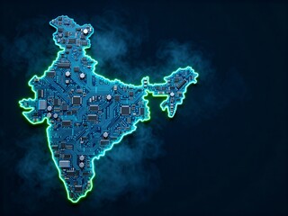 High-tech map of India made from a computer motherboard with glowing neon lights and microchips