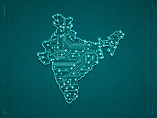 Futuristic circuit board map of India representing technology and network growth
