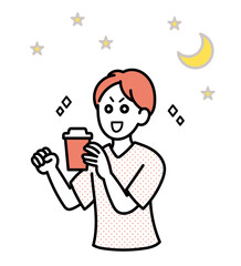カフェインで眠気を覚ます当直中の医師のイラスト