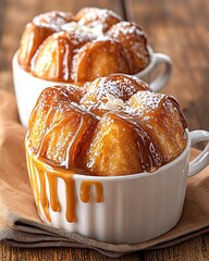 French Canele with Warm Cafe Background surrounded by warm wooden tones and cafe napkin, strong side lighting emphasizing pastry ridges and caramel sheen