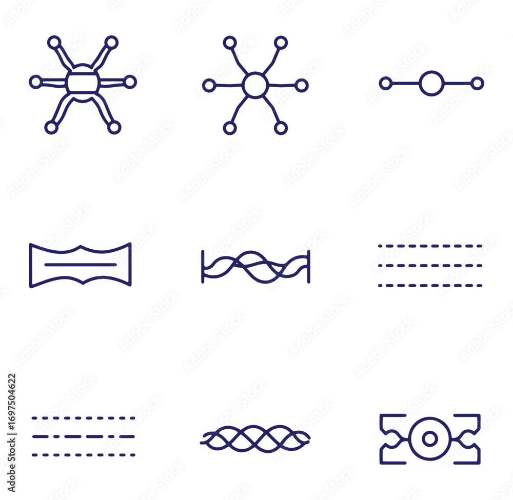 Poster collection of minimalist line art icons representing network connections and abstract designs